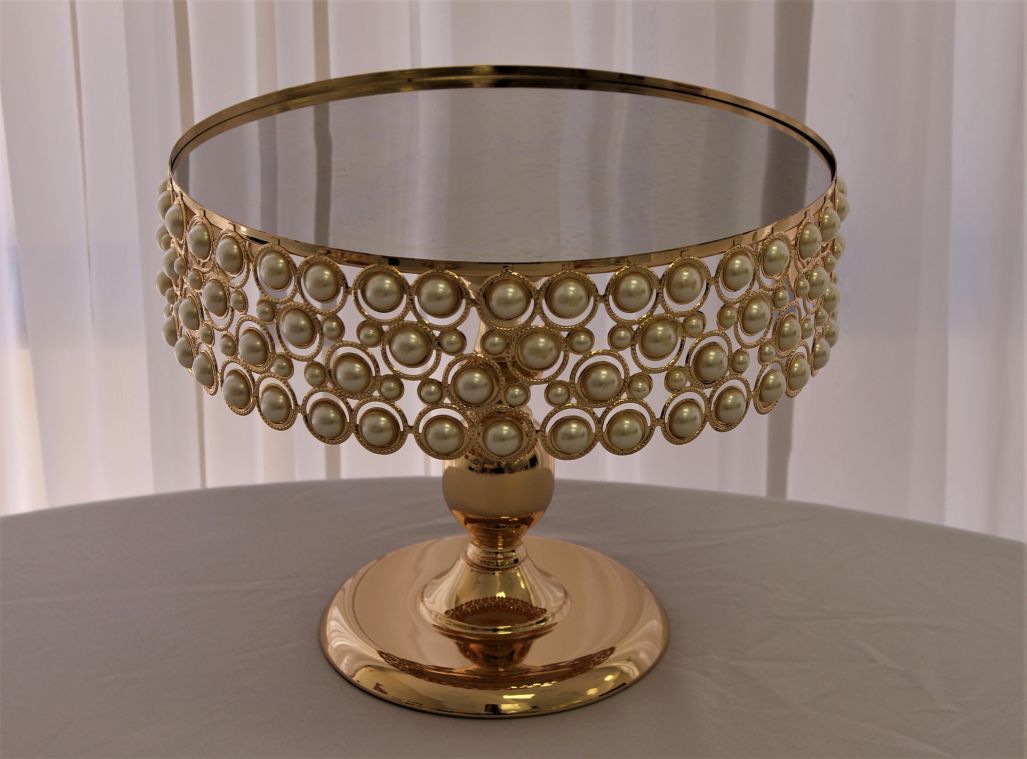 Cake Plateau Gold Toned Pearl Embellished 14"