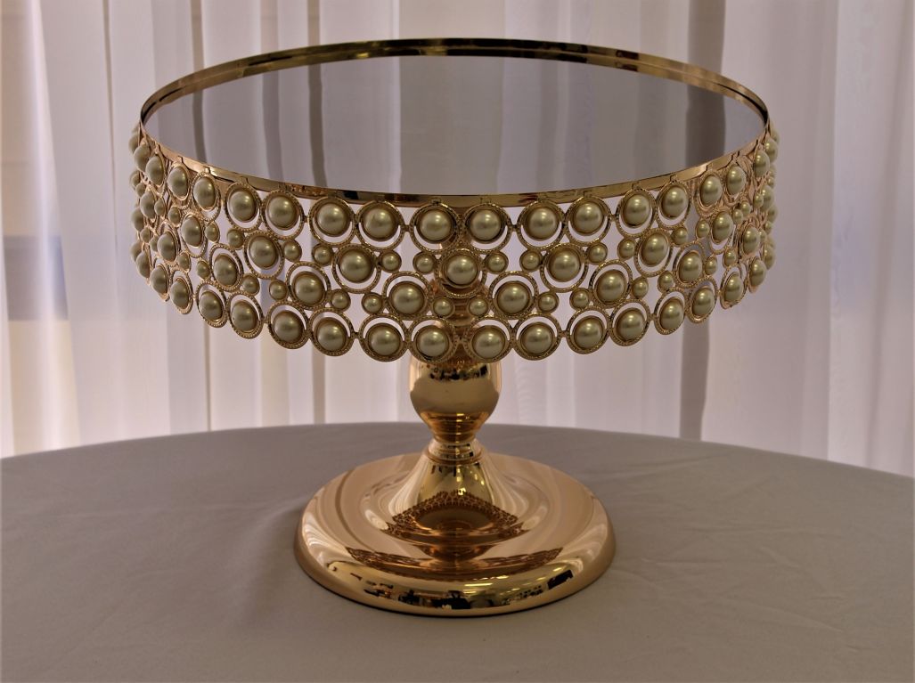 Cake Plateau Gold Toned Pearl Embellished 16"