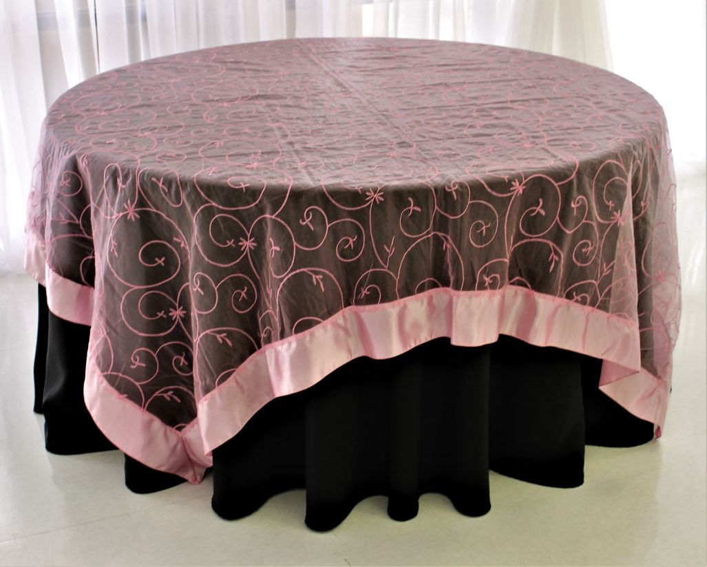 Pink Embroidered Organza 85" Square Overlay