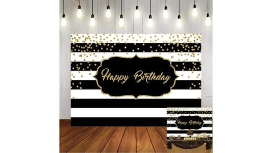 HAPPY BIRTHDAY BLACK/WHITE STRIP BACKDROP