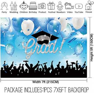 Blue/White/ Silver Graduation Backdrop - 7ft x 5ft