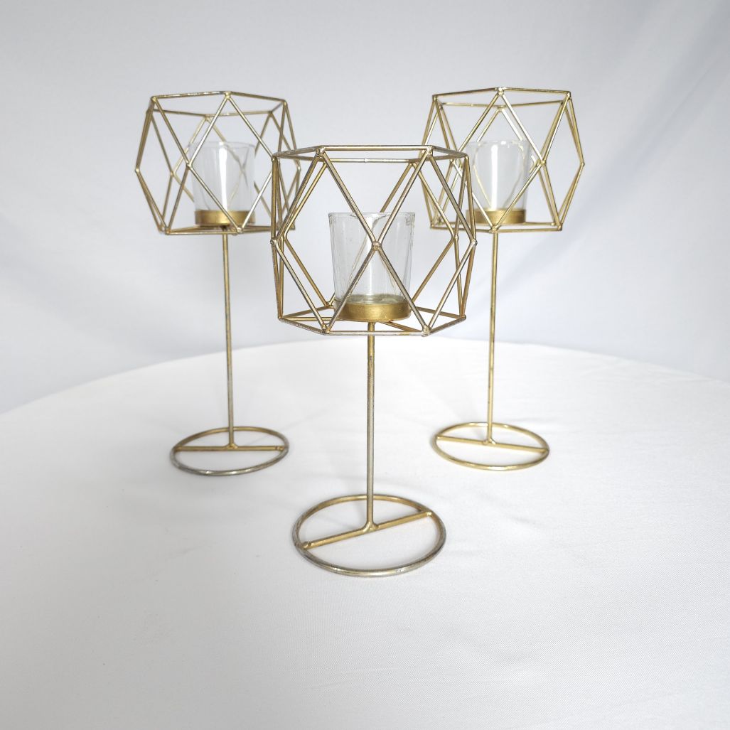 Set of 3, 12", 10" Shiny Bronze Wire Geo Abstract Candle Holder						
