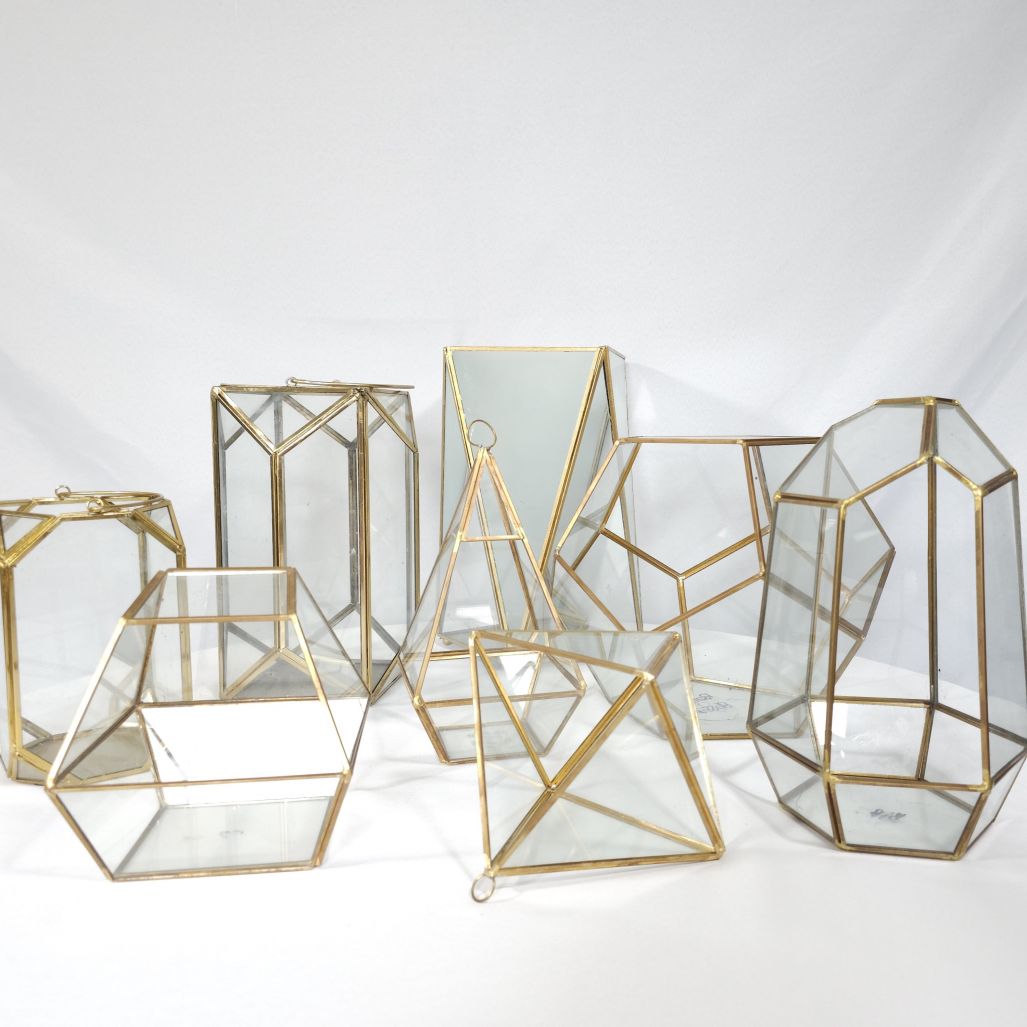 Assorted Gold Wire Geo Glass Cage Votive Set				