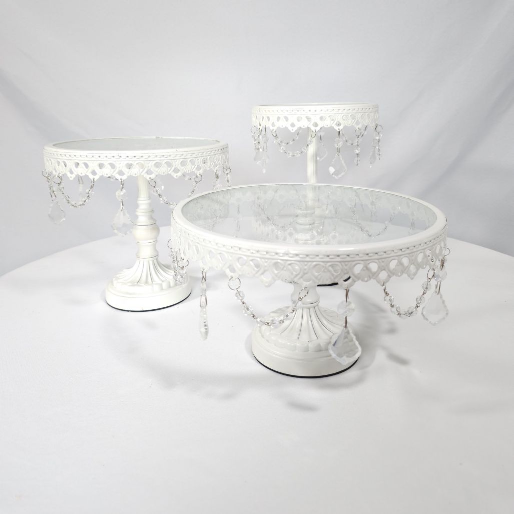 Set of 3, 6", 9", 11" White w/hanging Crystal Risers						