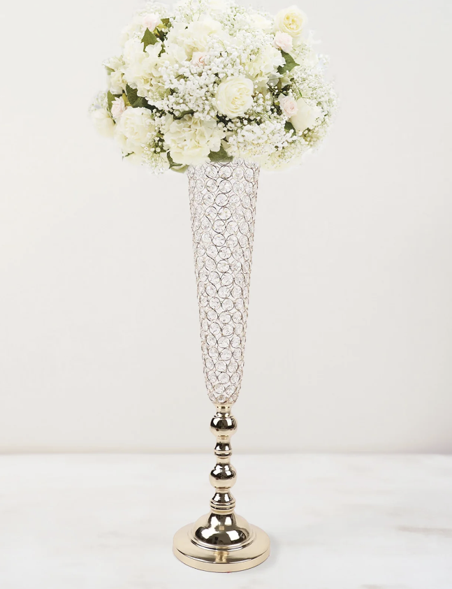 Silver Crystal Beaded Trumpet Vase 40"