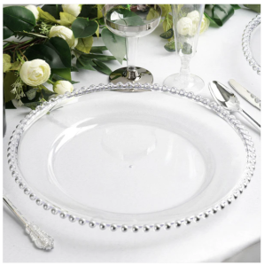 13" Clear Acrylic Charger with Silver Beaded Edge