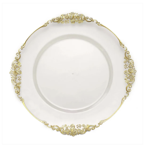 13" Clear Gold Embossed Baroque Round Charger Plates With Antique Design Rim