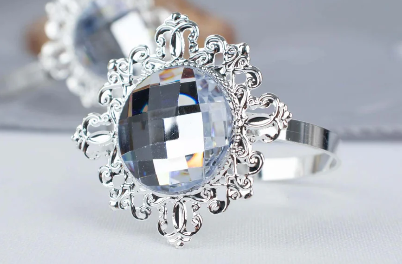 2" Silver Metal Clear Crystal Rhinestone Napkin Rings (6pk)