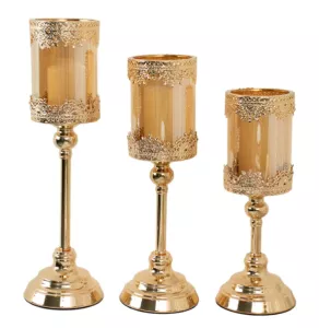 Antique Gold Lace Votive Candle Glass Stands - Set of 3