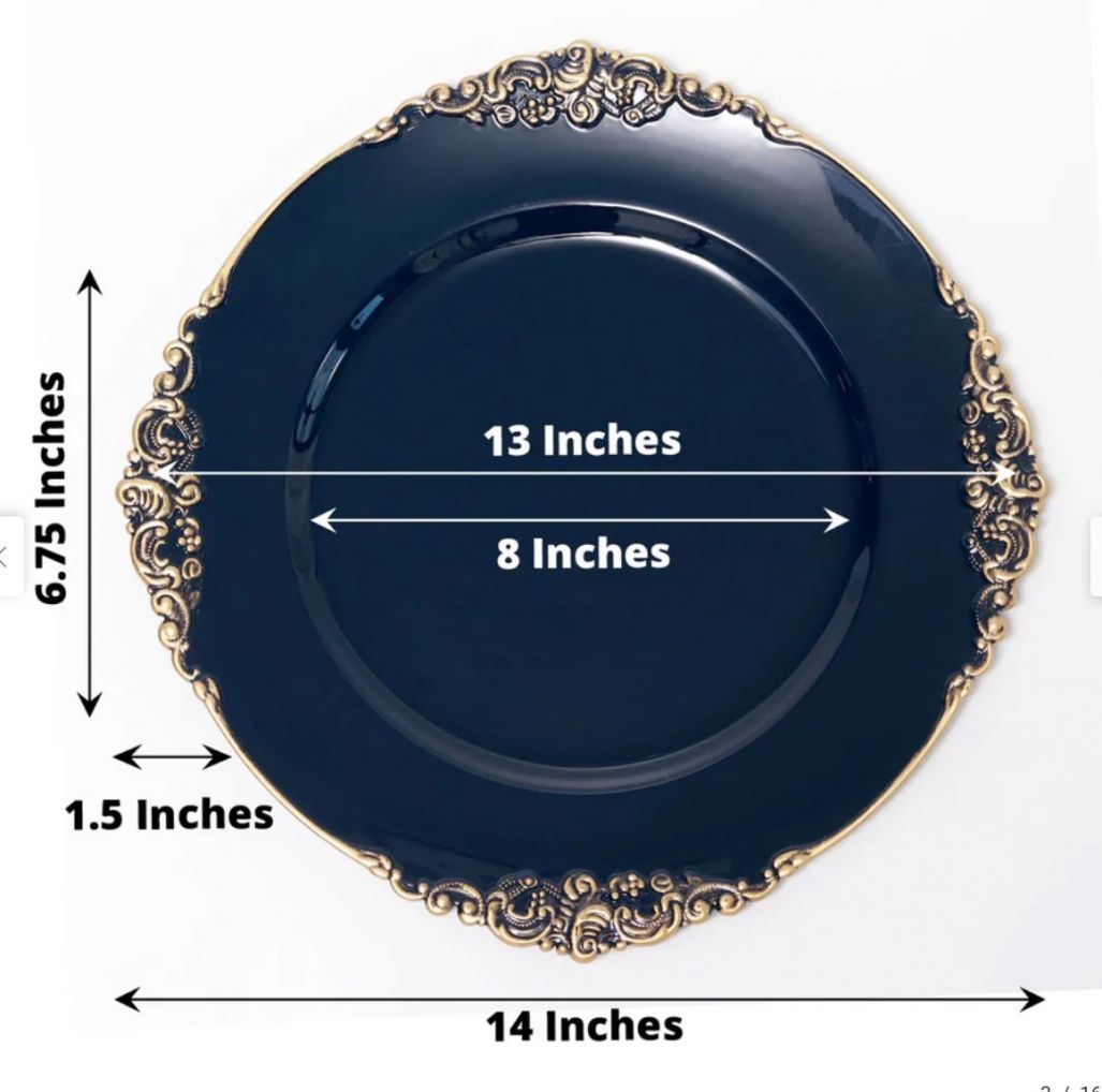 13" Navy Blue Gold Embossed Baroque Round Charger Plates With Antique Design Rim