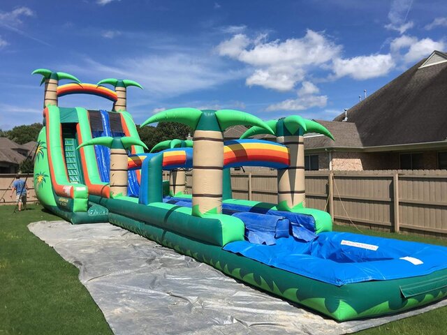24 Ft Dual Lane Water Slide with 30 Ft Slip and Slide with Pool